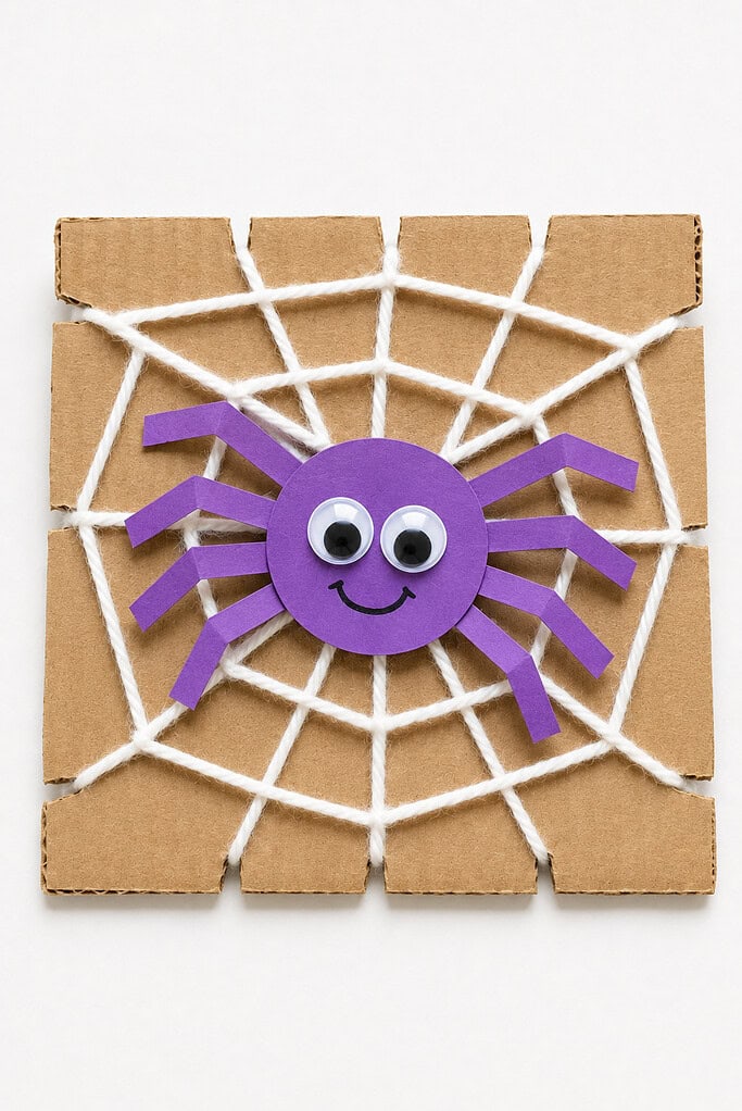 Square cardboard frame wrapped with white yarn in a web pattern with a purple paper spider featuring googly eyes, a smile, and paper legs in the center