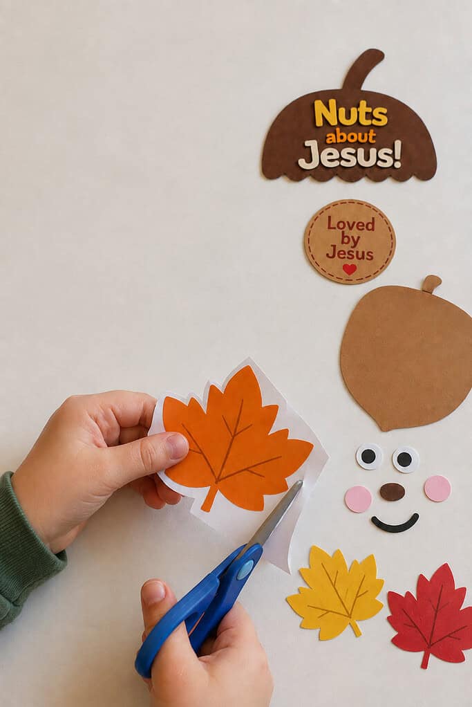 A child cutting out the printed pieces for the Nuts About Jesus acorn craft with safety scissors