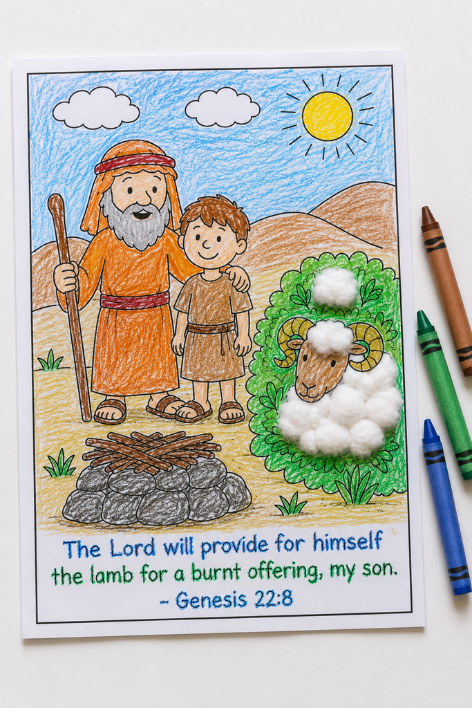 a handmade Abraham and Isaac coloring page craft with crayon coloring, cotton balls glued onto the ram and bush, and a traced Genesis 22:8 verse