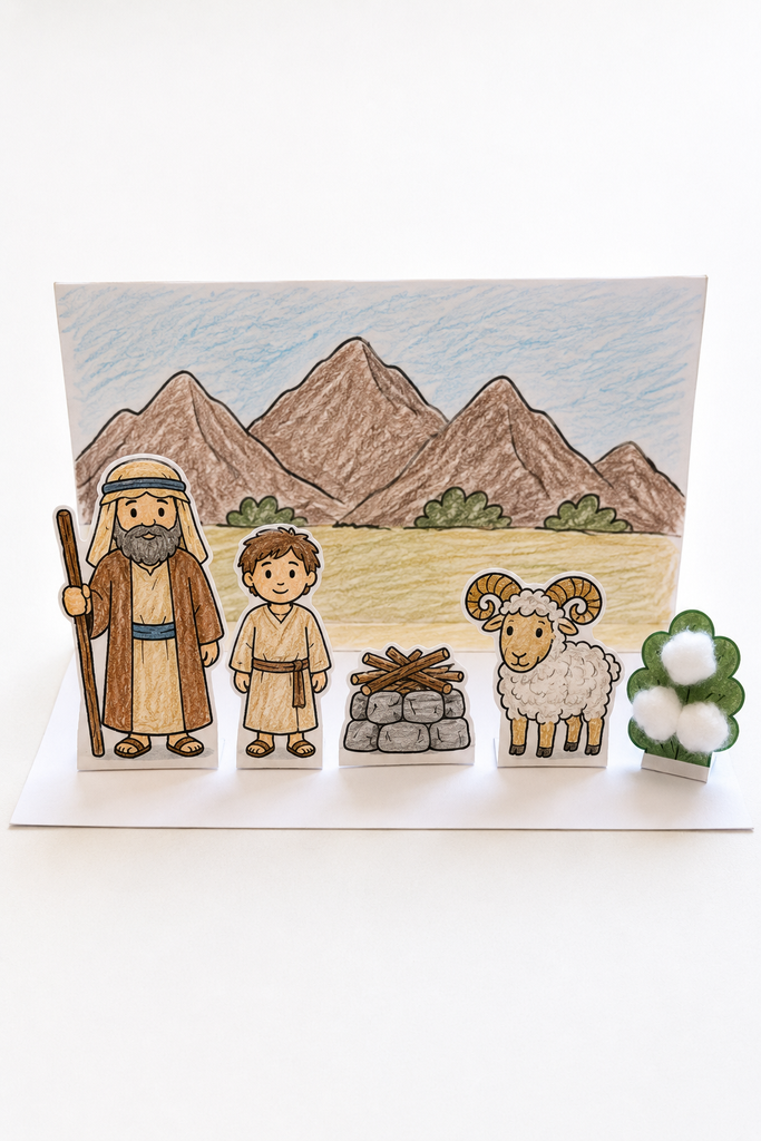 A stand-up paper scene with cut-out Abraham, Isaac, an altar, and a ram in front of a drawn mountain.