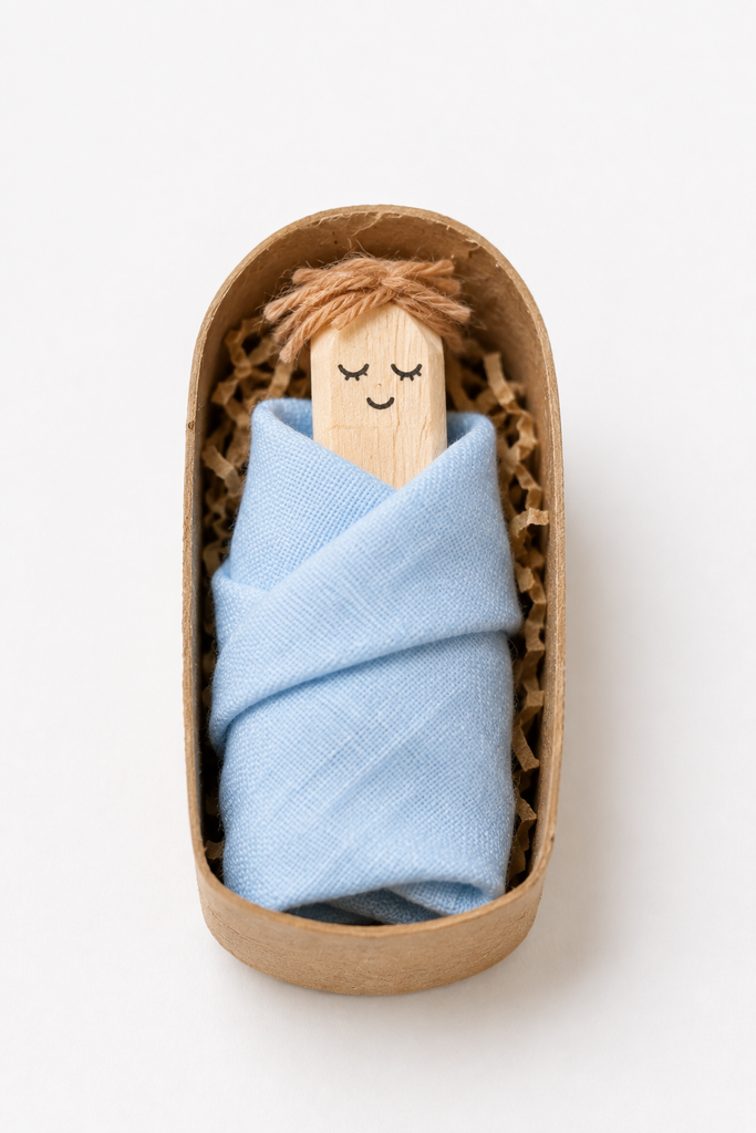 A clothespin baby Isaac with a sleeping face wrapped in a fabric blanket, resting in a cardboard-tube bed.
