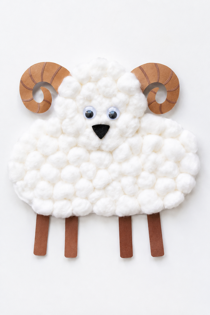 A cotton ball ram craft on cardstock with curled paper horns, googly eyes, and four paper legs.