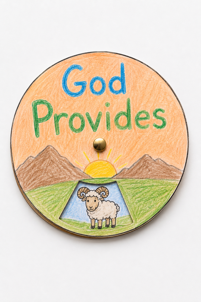 A round paper wheel labeled God Provides with a cut window showing a colored ram picture underneath.
