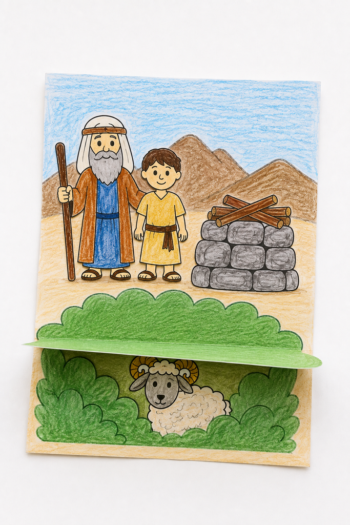 A colored Abraham and Isaac paper scene with a lift-the-flap bush opened to show a ram hidden underneath.