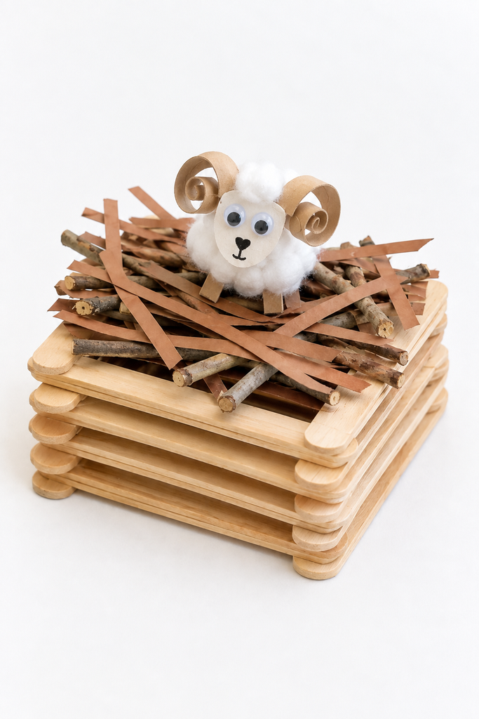 A popsicle-stick altar stacked log-cabin style with twigs on top and a small cotton-ball lamb.