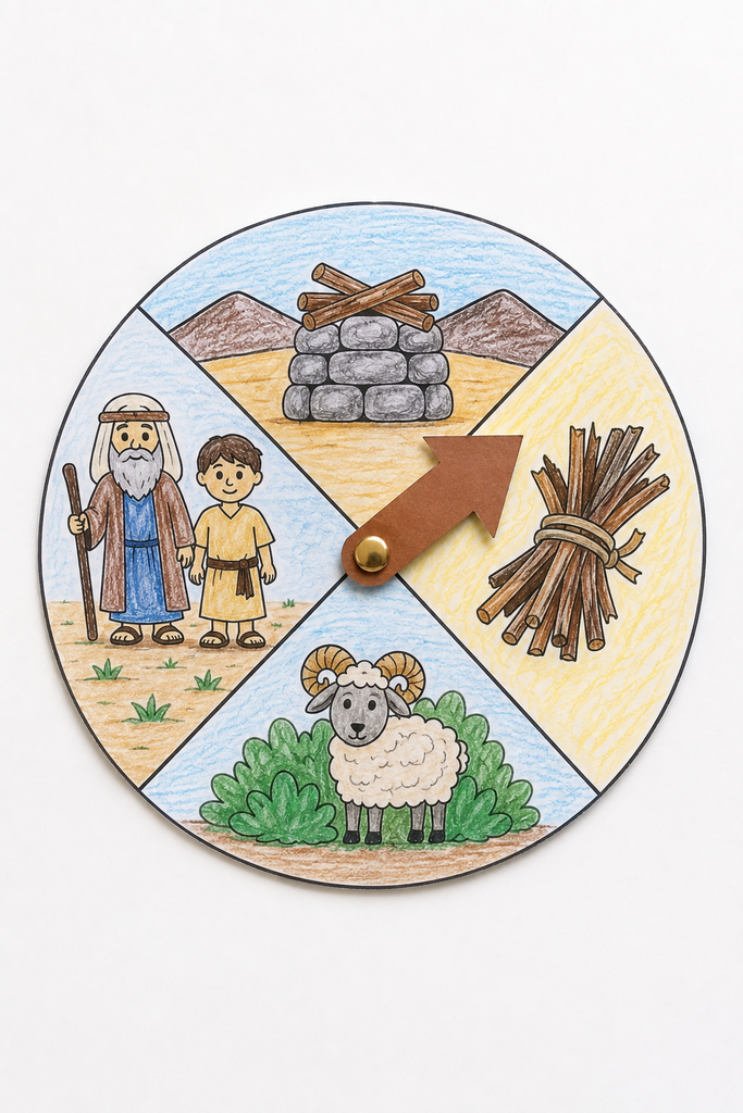 A crayon-colored Abraham, Isaac, and ram coloring page with cotton balls glued on the ram and bush.