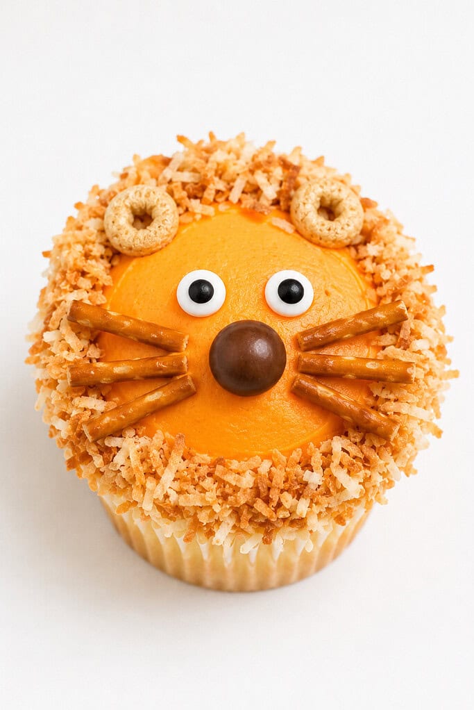 A single lion cupcake with an orange frosting face, a toasted-coconut mane, candy eyes, pretzel whiskers, and cereal ears.