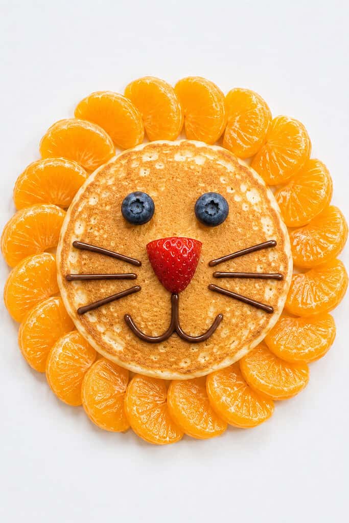A pancake lion face with a mandarin orange mane, blueberry eyes, a strawberry nose, and chocolate whiskers.