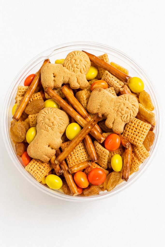 A cup of trail mix with golden cereal, pretzels, yellow and orange candies, lion crackers, and golden raisins.