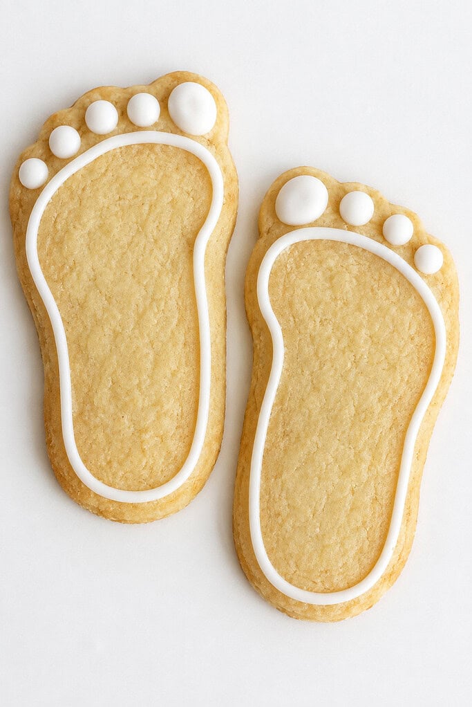 A pair of foot-shaped sugar cookies with white icing outlines and four toe dots each.