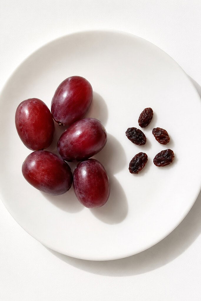 A cluster of grapes beside a few raisins, showing giant versus little.