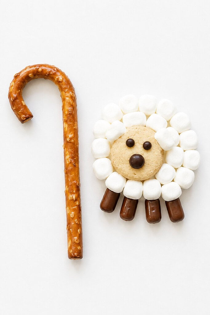A curved pretzel shepherd's staff beside a sheep made of a cookie face, marshmallow wool, and chocolate-pretzel legs.