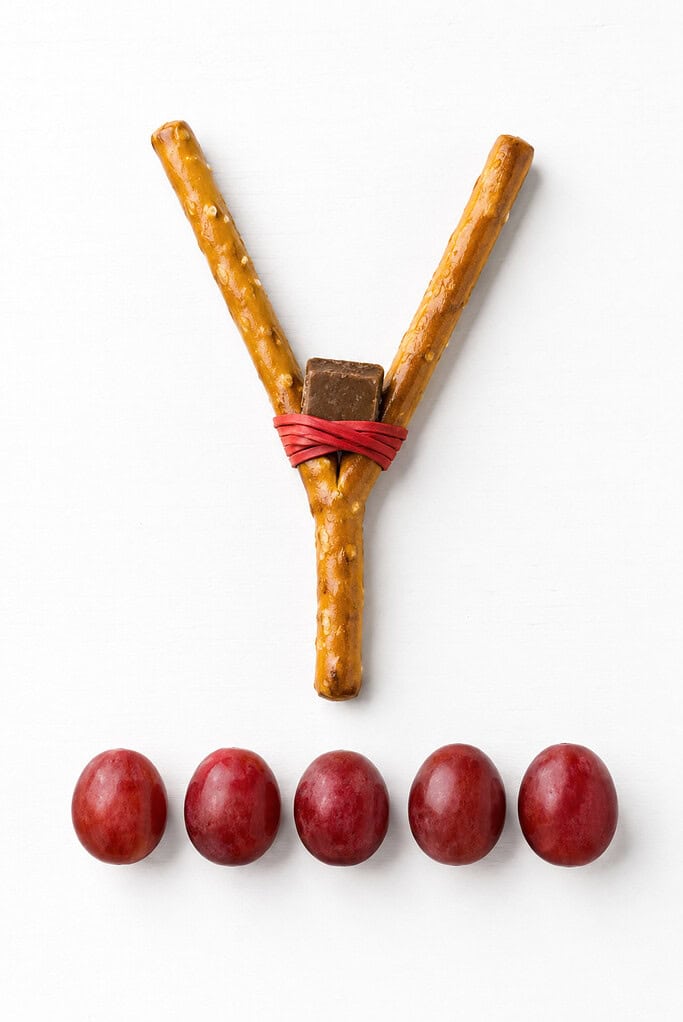 A pretzel slingshot snack with five grapes for stones, made for a David and Goliath Bible lesson.
