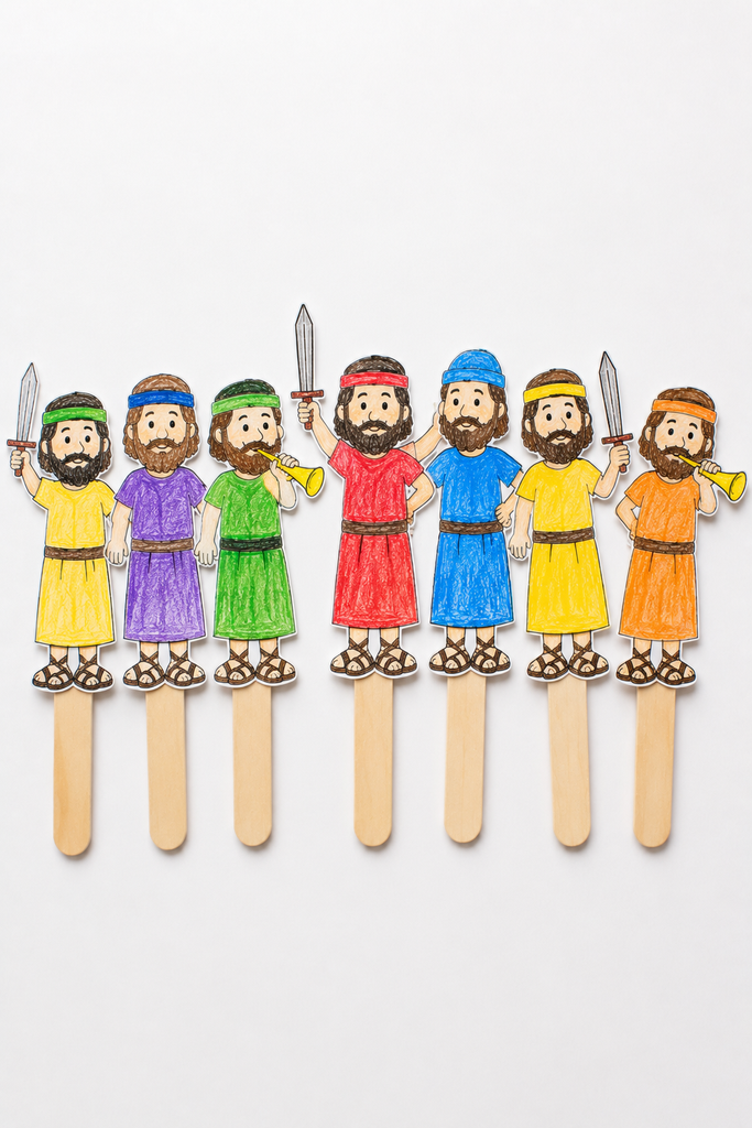 A row of paper soldier stick puppets in colored tunics glued onto craft sticks, standing shoulder to shoulder.