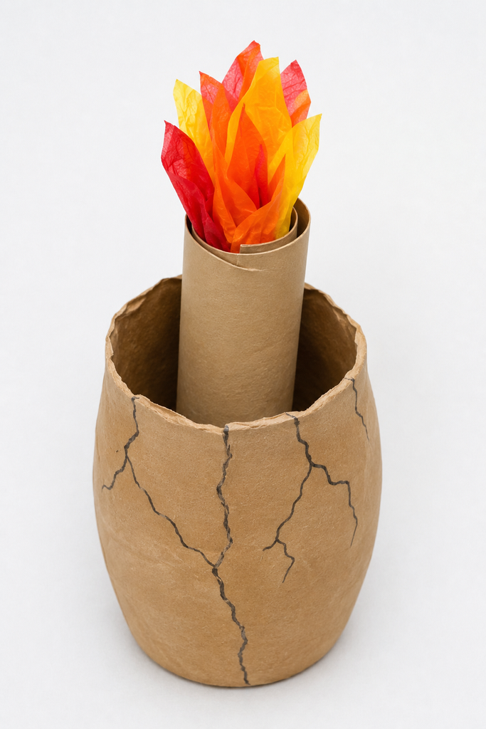 A cracked clay-brown paper jar opened to show a small paper torch with tissue flames hidden inside.
