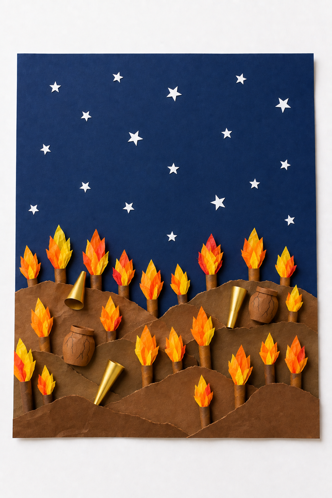A night-sky paper scene with brown hills, rows of paper torch flames, tiny trumpets and jars, and stars.