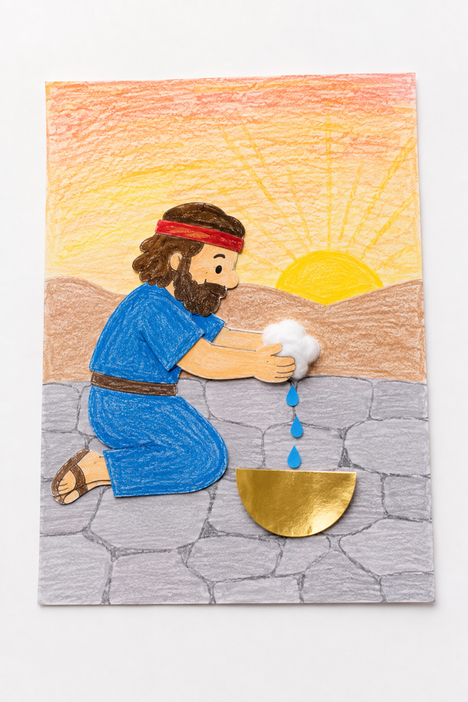 A paper craft of Gideon kneeling by a gold bowl, squeezing a cotton wool fleece with blue dew drops dripping into it.