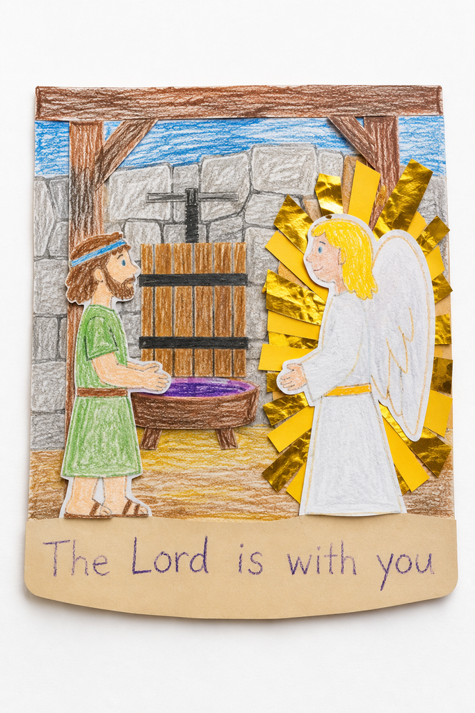 A paper scene of Gideon facing a glowing angel with the words The Lord is with you traced at the bottom.