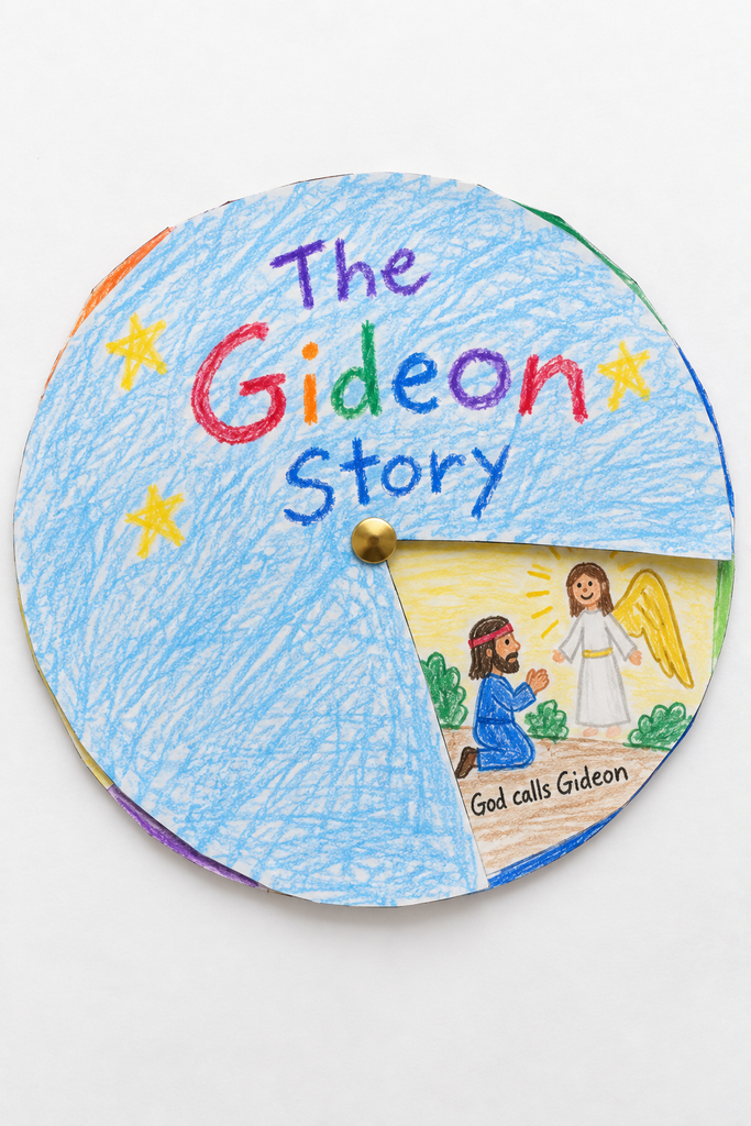 A two-layer paper story wheel made from stacked circles joined with a brass paper fastener, the top circle cut with a wedge-shaped window revealing a crayon scene of Gideon kneeling before an angel, labeled God calls Gideon.