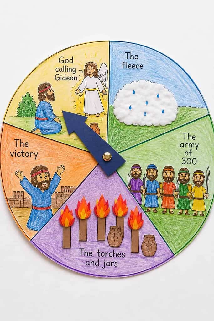 A paper story wheel split into colored story wedges with a cardstock arrow pinned in the center.