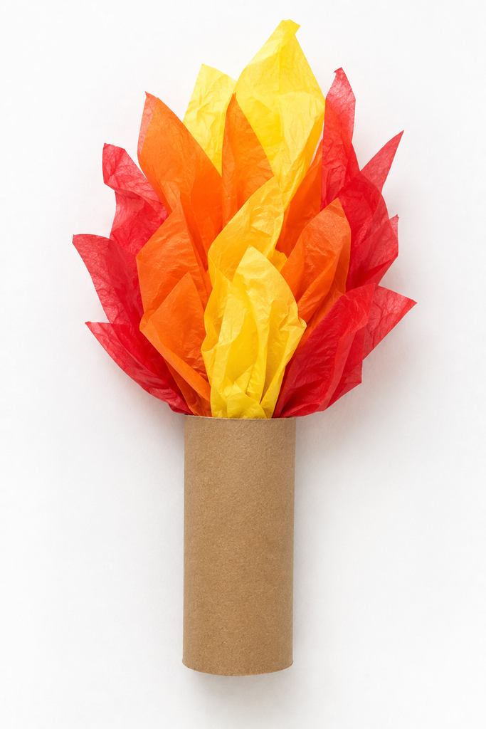 A single paper torch craft with a brown tube handle and tall layered red, orange, and yellow tissue flames.