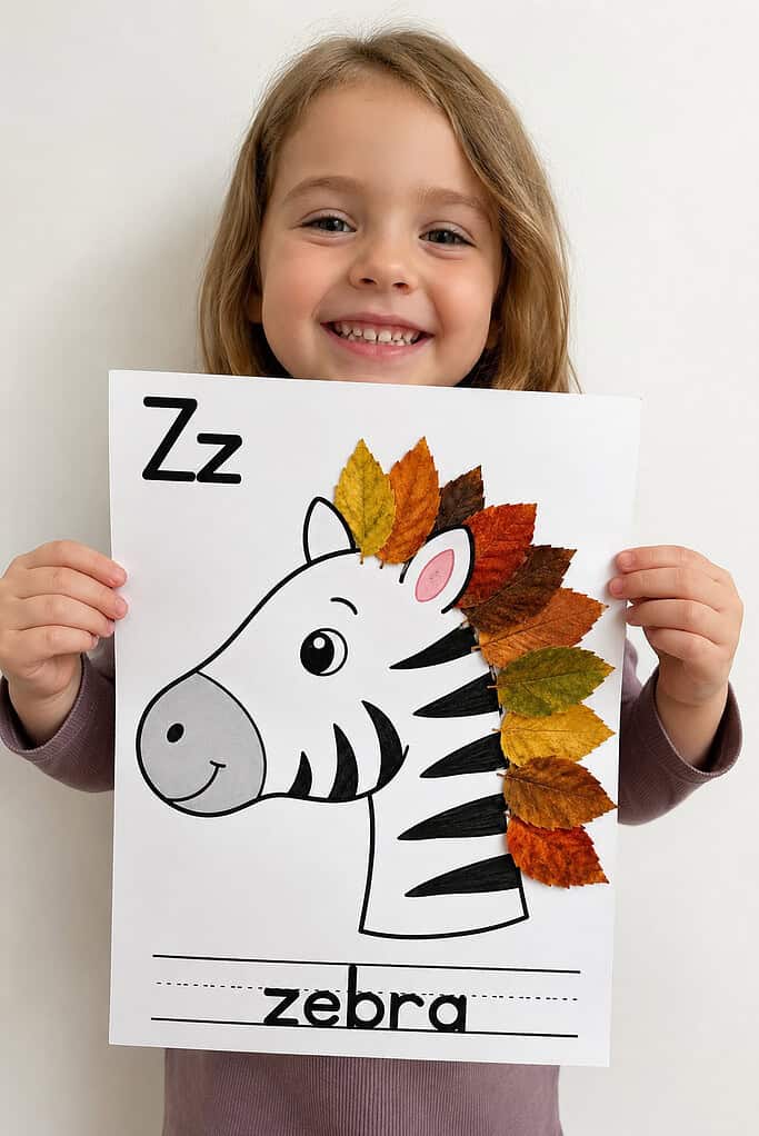 A child holding up a finished leaf alphabet craft zebra made with real autumn leaves