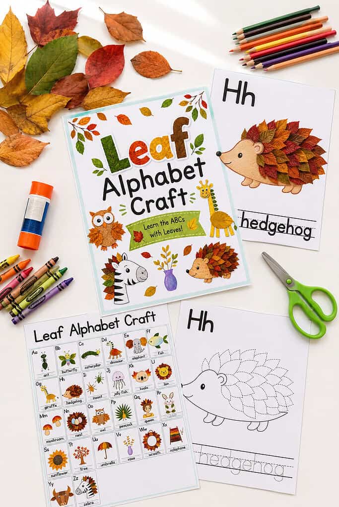 Supplies for the leaf alphabet craft on a white table, including printed worksheets, real leaves, glue, crayons, and scissors