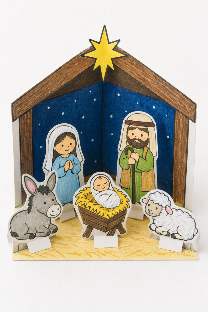 A standing 3D paper nativity with a folded stable and stand-up figures of the Holy Family and animals.