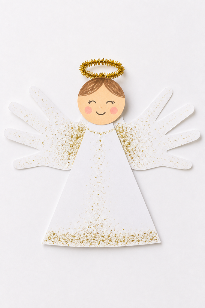 A flat handprint angel with two handprints for wings, a paper gown, a head, and a gold halo.