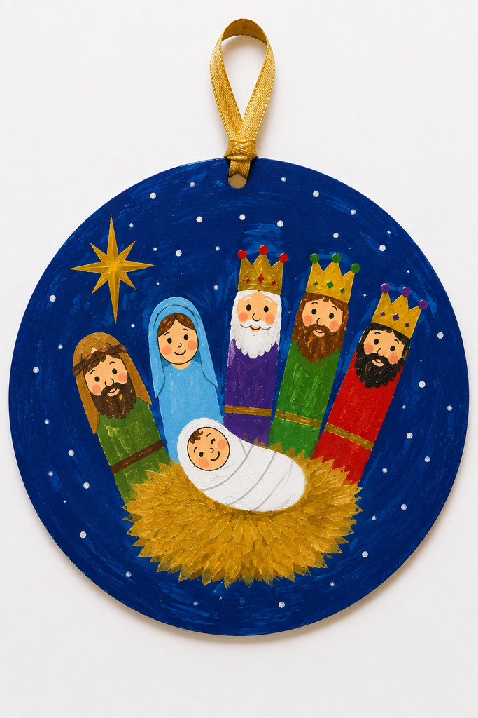 A round handprint nativity ornament with baby Jesus in the palm as a manger and the fingers painted as Mary, Joseph, and the three kings.