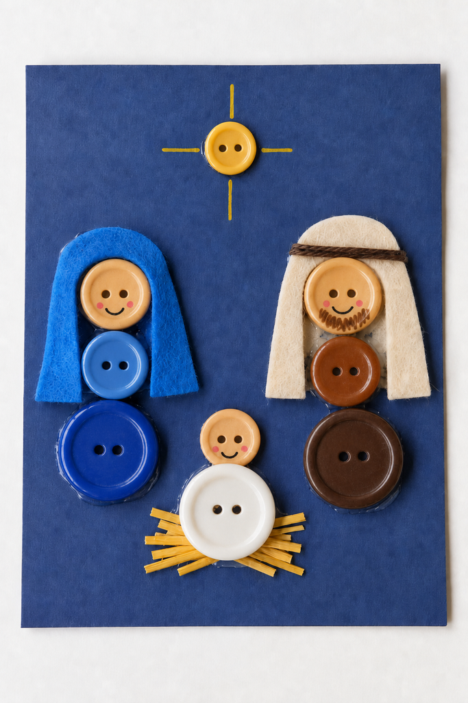A button nativity scene on blue cardstock with Mary, Joseph, and baby Jesus made of stacked buttons with felt veils, raffia straw, and a button star.