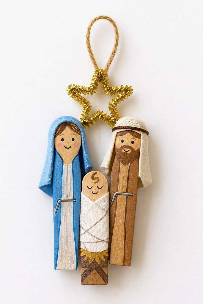 A clothespin nativity ornament of Mary, Joseph, and baby Jesus with a gold pipe-cleaner star and a twine loop.