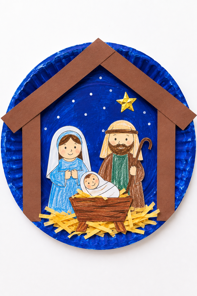 A paper plate nativity scene with a painted sky, brown stable roof, the Holy Family, and a gold star.
