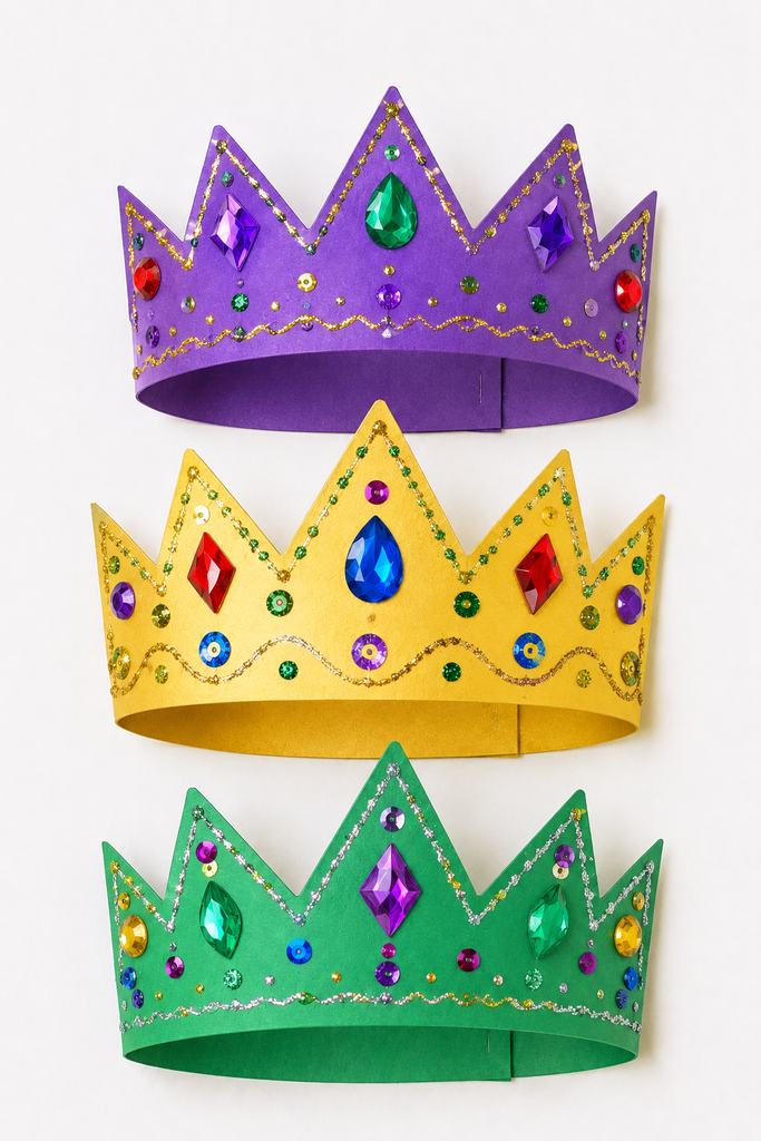 Three jeweled and glittered pointed paper crowns in different colors for the three wise men.