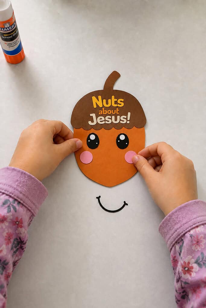 A child adding the eyes, cheeks, and smile to the acorn body for the Nuts About Jesus acorn craft