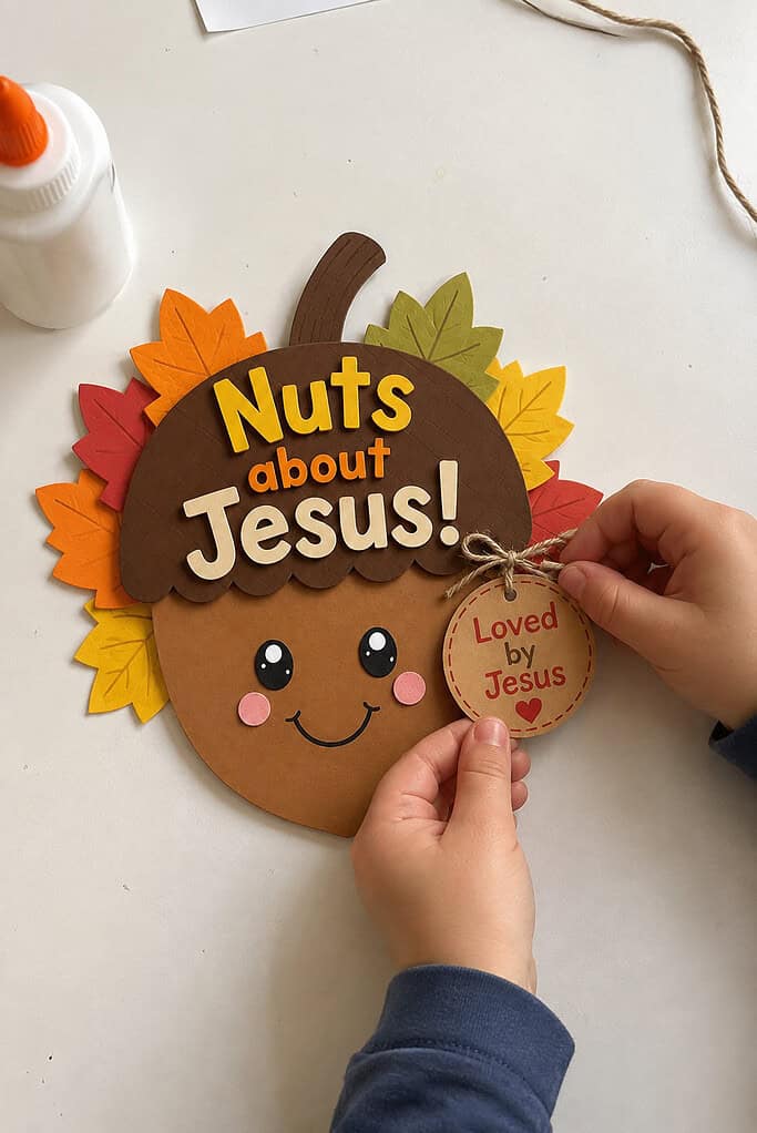 A child adding the "Loved by Jesus" tag to the side of the Nuts About Jesus acorn craft