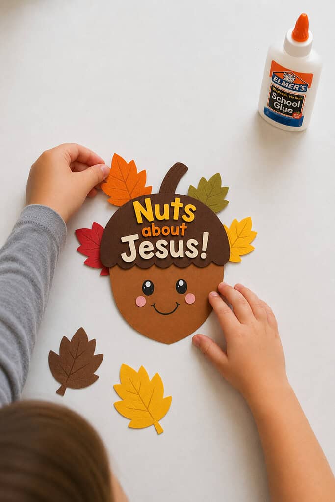 A child gluing fall leaves behind the acorn for the Nuts About Jesus acorn craft