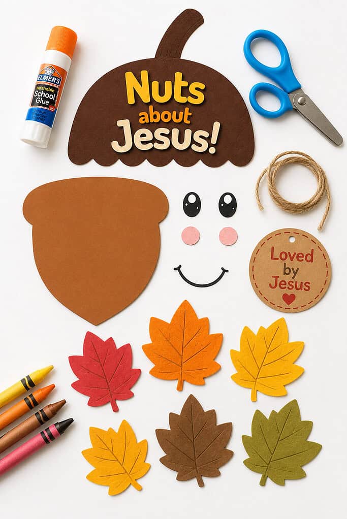 Supplies for the Nuts About Jesus acorn craft on a white table, including printed pieces, leaves, crayons, scissors, glue, and twine