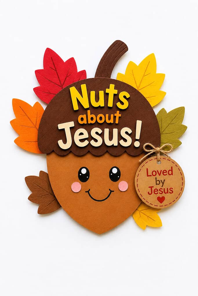 Finished Nuts About Jesus acorn craft with a smiling face, fall leaves, and a "Loved by Jesus" tag