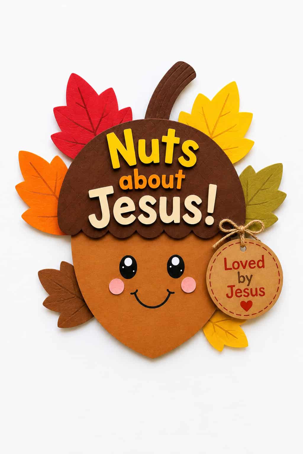 Finished Nuts About Jesus acorn craft with a smiling face, fall leaves, and a "Loved by Jesus" tag