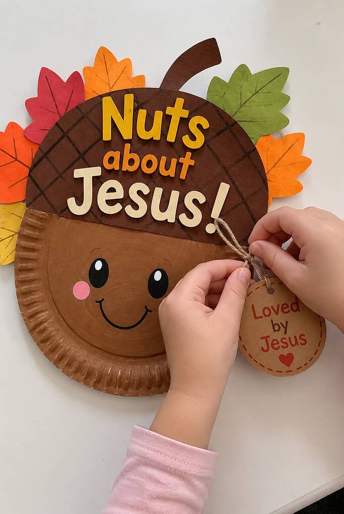 A child adding the "Loved by Jesus" tag to the side of the Nuts About Jesus acorn paper plate craft