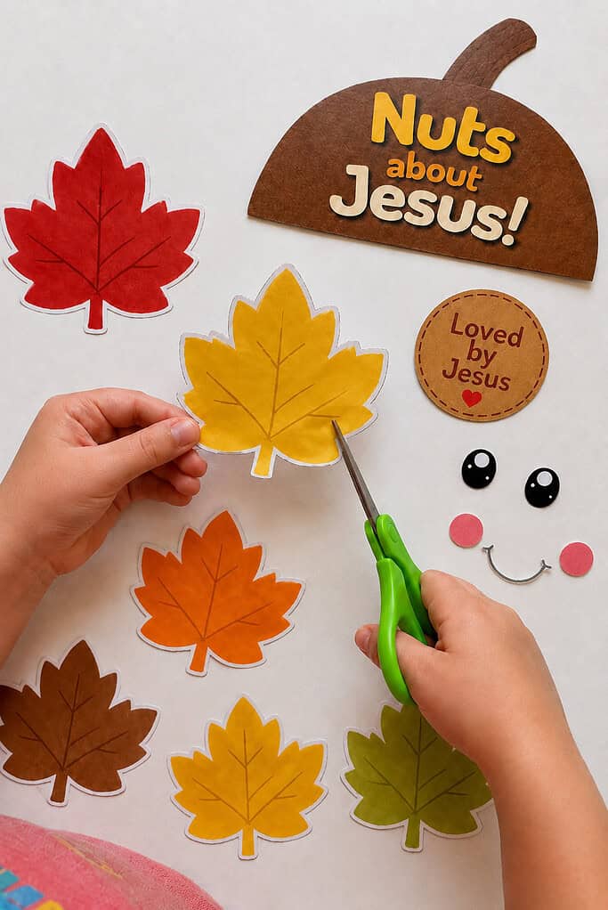 A child cutting out the printed pieces for the Nuts About Jesus acorn paper plate craft with safety scissors