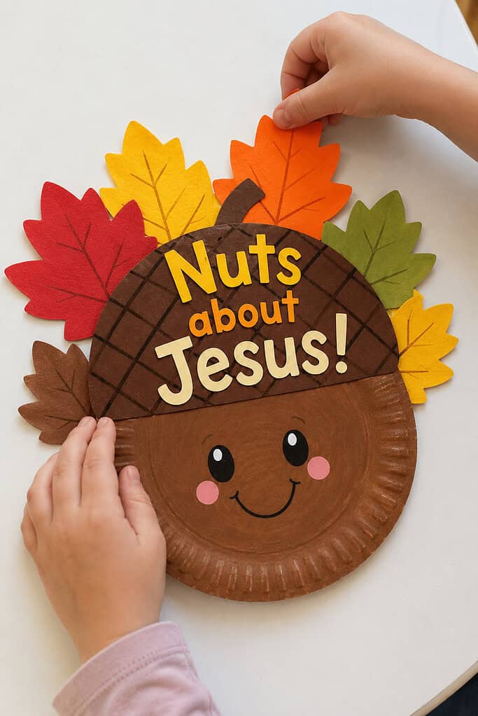 A child gluing fall leaves behind the paper plate acorn for the Nuts About Jesus acorn paper plate craft