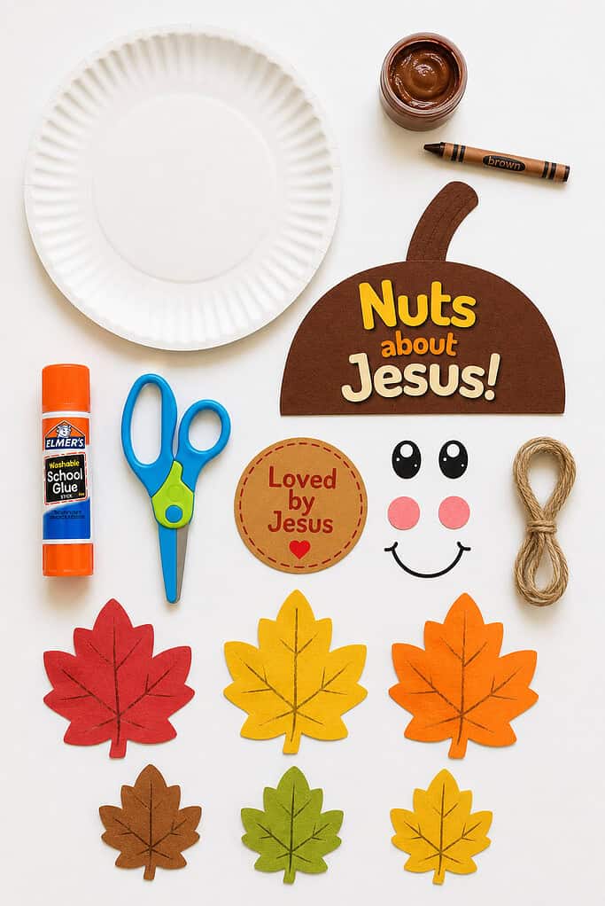 Supplies for the Nuts About Jesus acorn paper plate craft on a white table, including a paper plate, printed pieces, leaves, crayons, scissors, glue, and twine