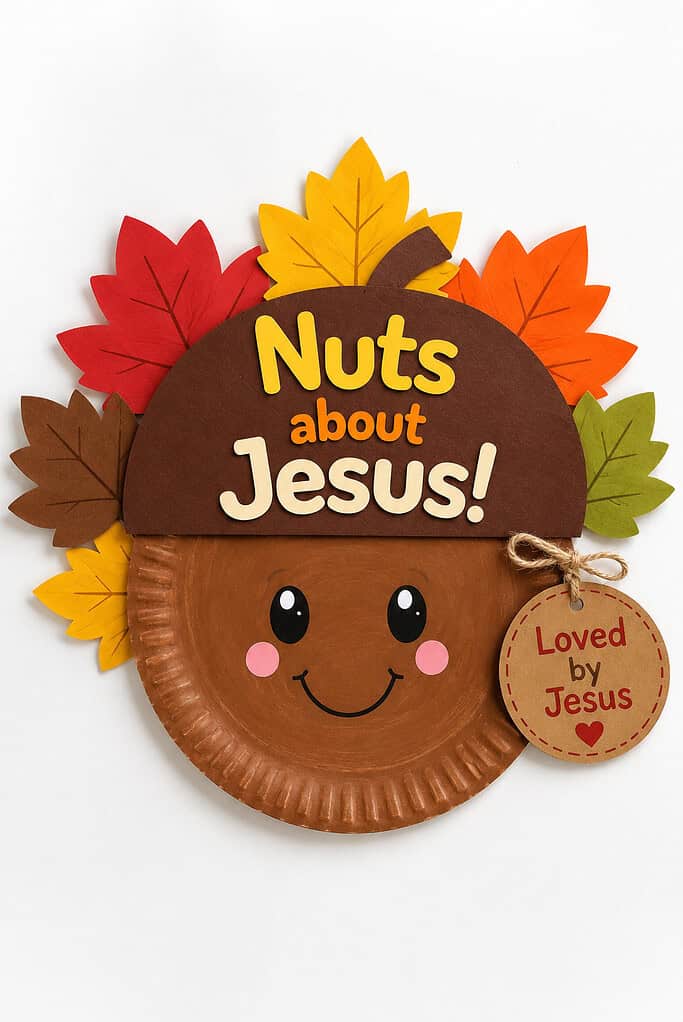 Finished Nuts About Jesus acorn paper plate craft with a smiling face, fall leaves, and a "Loved by Jesus" tag