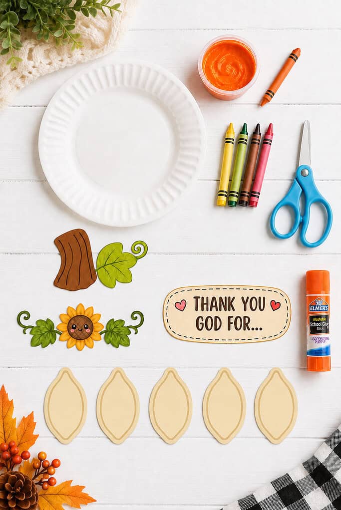 Supplies for a paper plate pumpkin Thanksgiving Bible craft on a white table, including a paper plate, printed pieces, crayons, scissors, and glue