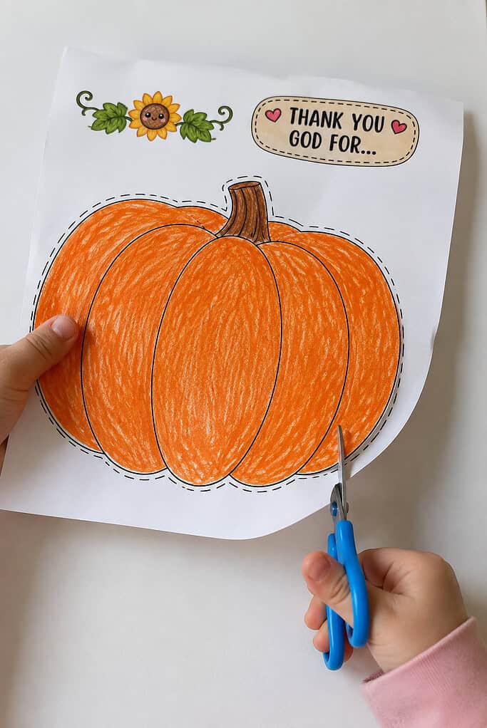 A child cutting out the printed pumpkin pieces for a Thanksgiving pumpkin Sunday school craft with safety scissors