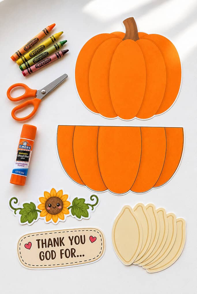 Supplies for a Thanksgiving pumpkin Sunday school craft laid on a white table, including printed pumpkin pieces, crayons, scissors, and glue
