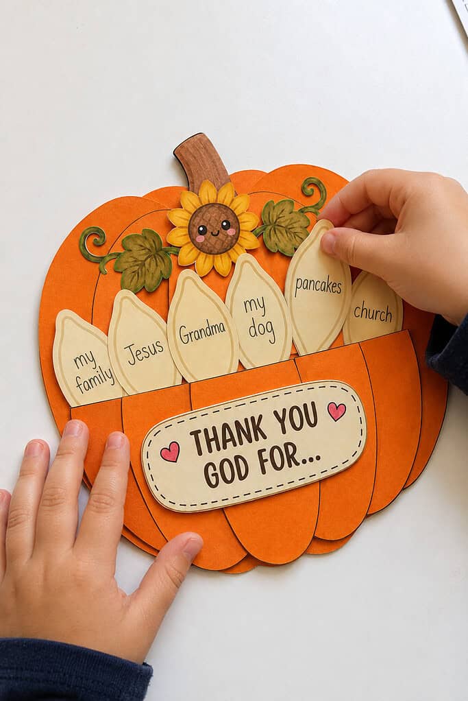 A child tucking written paper pieces into the top of a Thanksgiving pumpkin Sunday school craft so they fan out