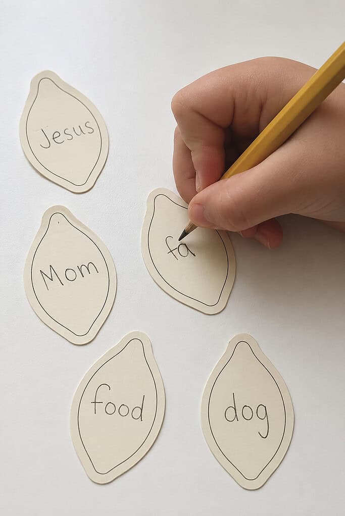 A child writing thank-you words on the small paper pieces for a Thanksgiving pumpkin Sunday school craft